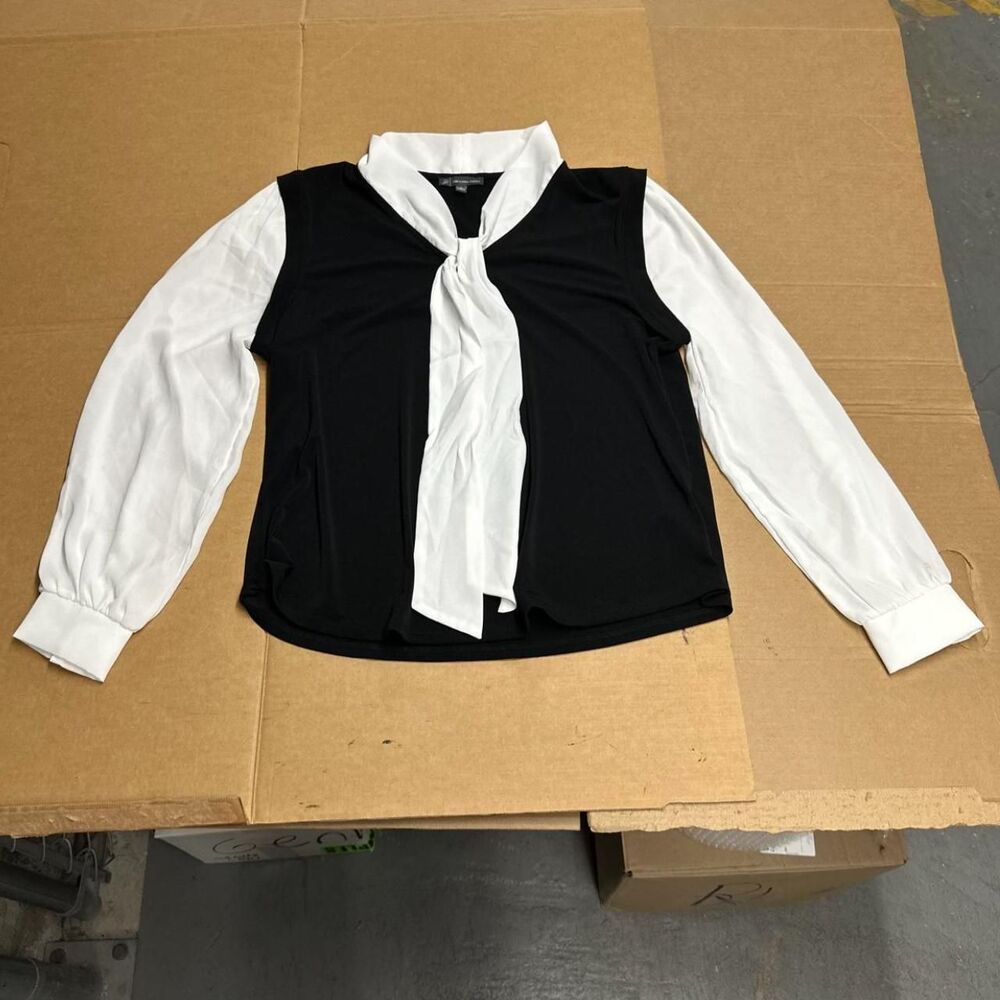 Adrianna Papell Tie Neck Blouse Black White Layered Shirt M